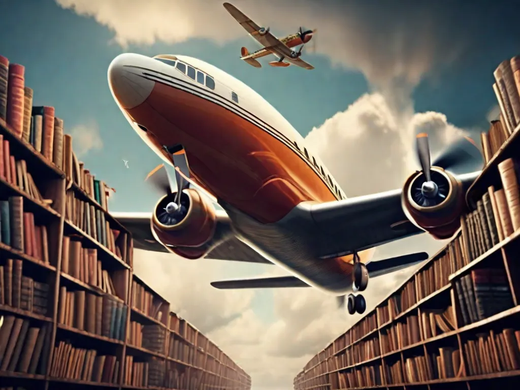Um avião vintage voa pelo céu, deixando para trás um rastro de páginas de livros abertos. Os livros simbolizam as infinitas possibilidades e aventuras que aguardam os leitores enquanto embarcam em jornadas literárias que os transportam para novos mundos e expandem seus horizontes.