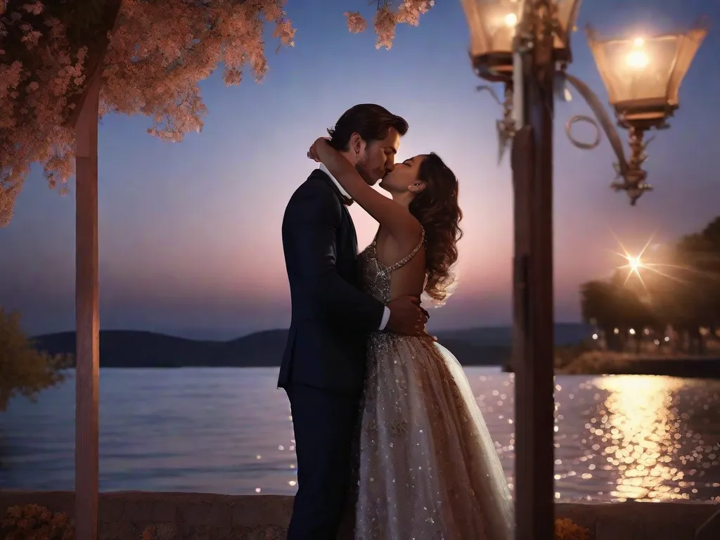 Um abraço apaixonado entre dois amantes sob o céu estrelado da noite. O homem, vestido com um elegante terno, segura a mulher próxima enquanto eles compartilham um beijo carinhoso. Seu amor é palpável, evocando sentimentos de desejo e saudade neste encantador momento de felicidade romântica.