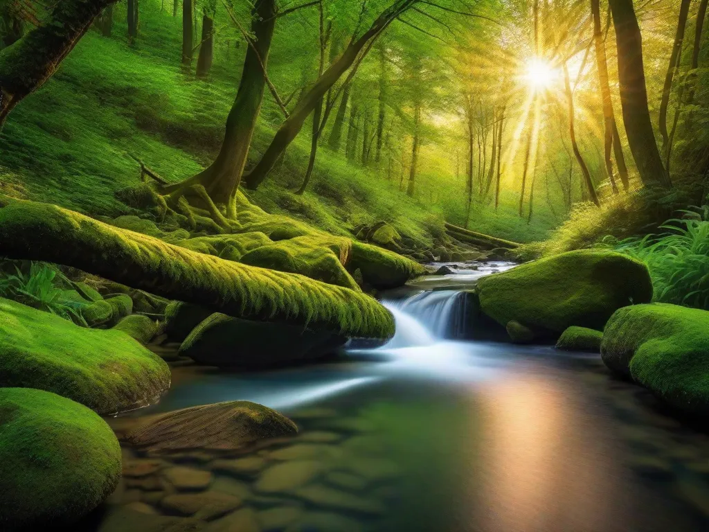 Tema: Explorando a Beleza da Natureza
Descrição: Uma imagem deslumbrante captura a essência de uma floresta serena. A luz do sol atravessa as árvores altas e majestosas, lançando um brilho dourado na folhagem verde vibrante abaixo. Um riacho suave serpenteia pela cena, refletindo o ambiente tranquilo. A tranquilidade da natureza nos
