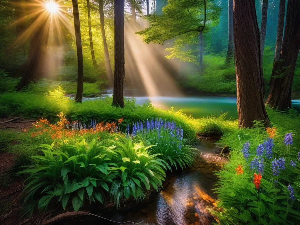 Tema: Beleza da Natureza
Descrição: Uma imagem deslumbrante captura a essência da beleza da natureza. A luz do sol passa pelo denso dossel das árvores imponentes, criando um jogo hipnotizante de luz e sombras no sereno chão da floresta. As cores vibrantes das flores silvestres adicionam um toque de cor, enquanto um riacho suave