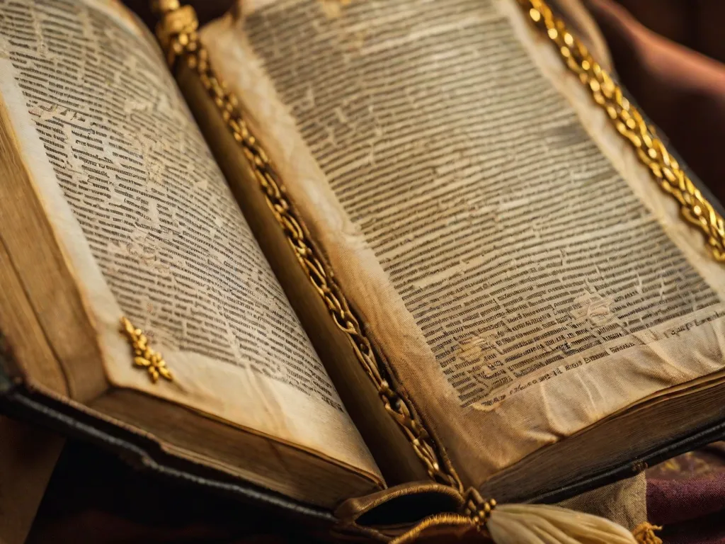 Descrição: Uma imagem em close-up de uma Bíblia antiga e desgastada, com suas páginas delicadamente viradas. A luz suave destaca os detalhes intricados da capa, revelando sua textura rica e a letra dourada desbotada. Essa imagem representa a sabedoria atemporal e as histórias profundas contidas nas páginas da Bíblia.