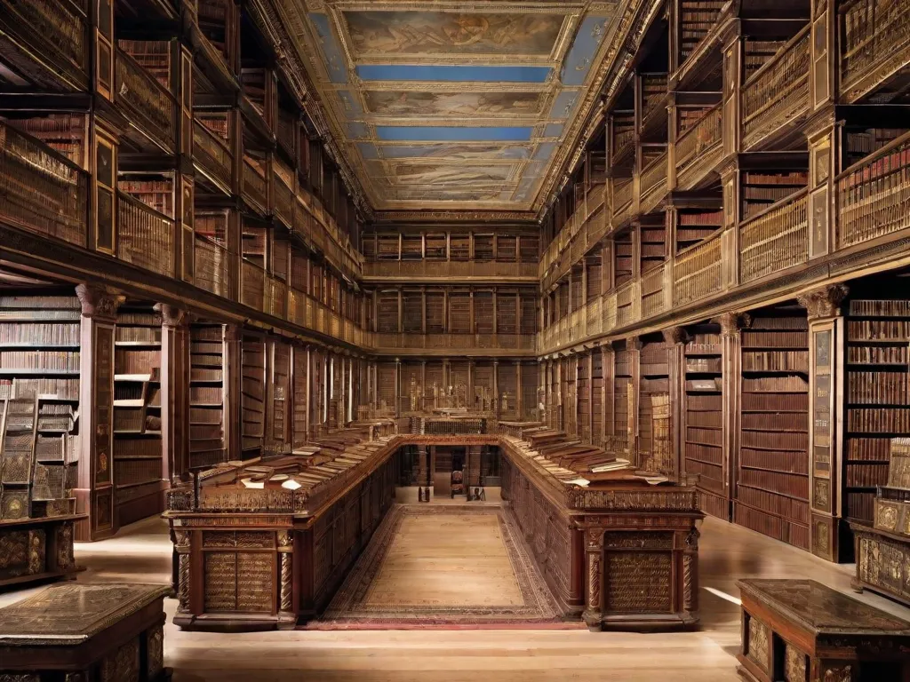 Na imagem, uma majestosa biblioteca é retratada, com fileira após fileira de livros antigos meticulosamente arranjados em prateleiras imponentes. Entre eles, um livro proeminentemente exposto apresenta a vida e conquistas da figura lendária, Alexandre, o Grande. A capa apresenta uma ilustração intricada de suas batalhas e triunfos, capturando a essência de sua jornada extraordin