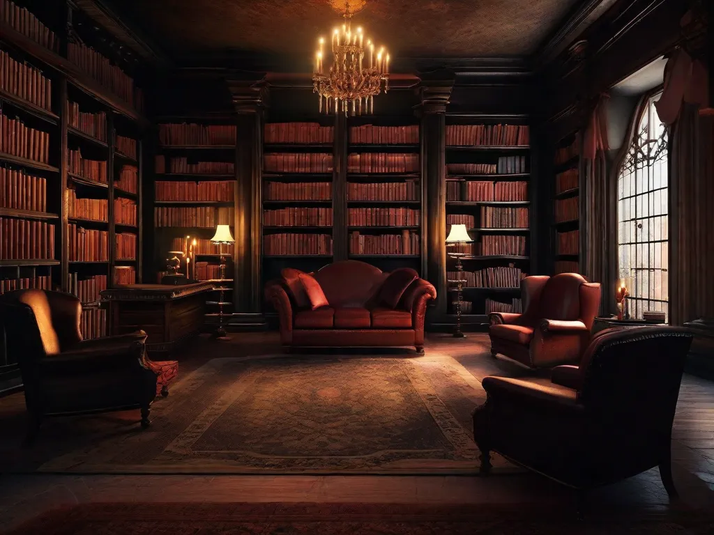 Descrição da imagem: Uma biblioteca com pouca luz, com fileiras de estantes empoeiradas se estendendo ao longe. No centro, um livro encadernado em couro desgastado intitulado