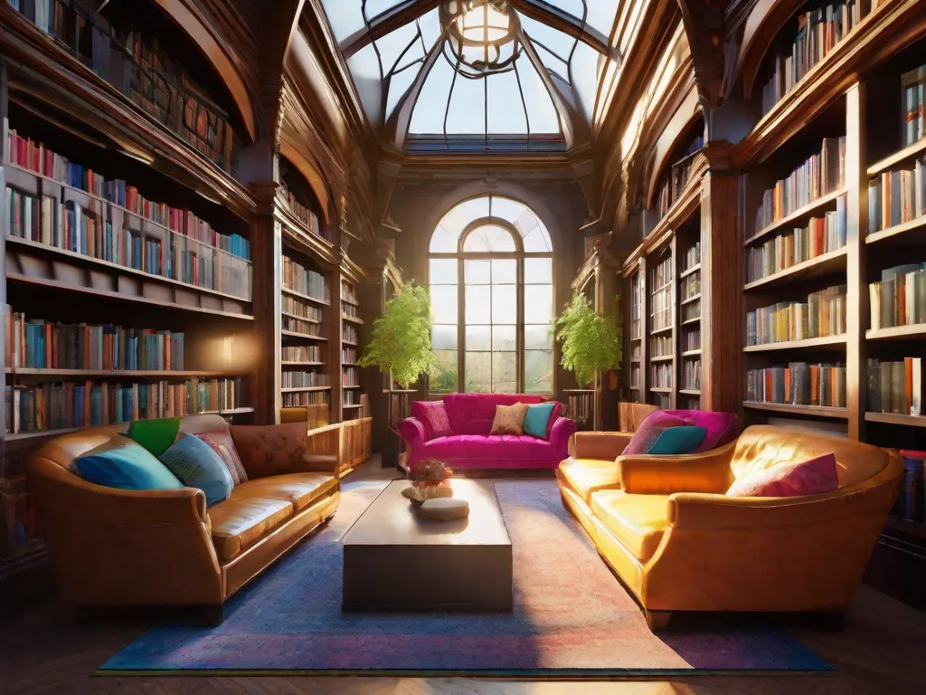 Descrição da imagem: Uma cena vibrante e convidativa de uma biblioteca com prateleiras cheias de livros coloridos. A luz do sol atravessa as grandes janelas, iluminando os cantinhos aconchegantes de leitura, com poltronas macias e cobertores quentes. Os livros parecem irradiar positividade e felicidade, refletindo a escrita inspiradora e motivadora de Shawn A