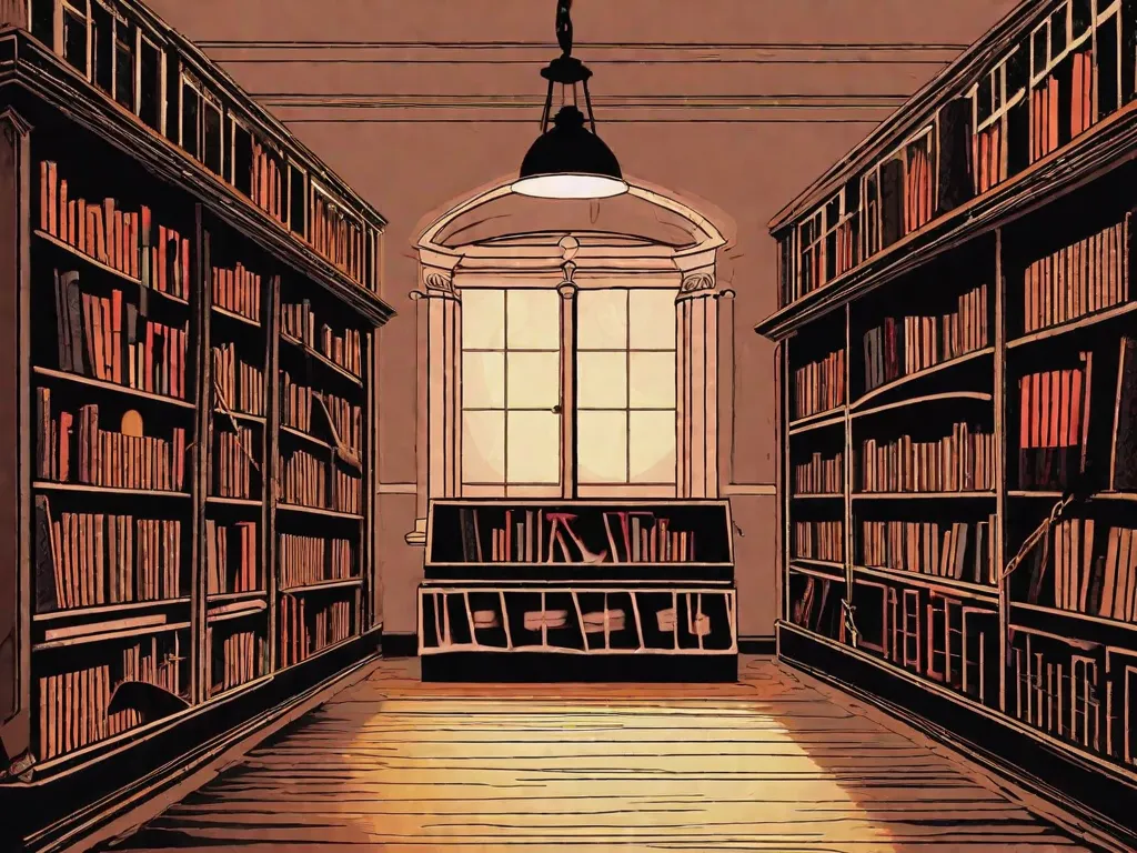 No canto levemente iluminado de uma biblioteca aconchegante, uma TV antiga pisca com um episódio de