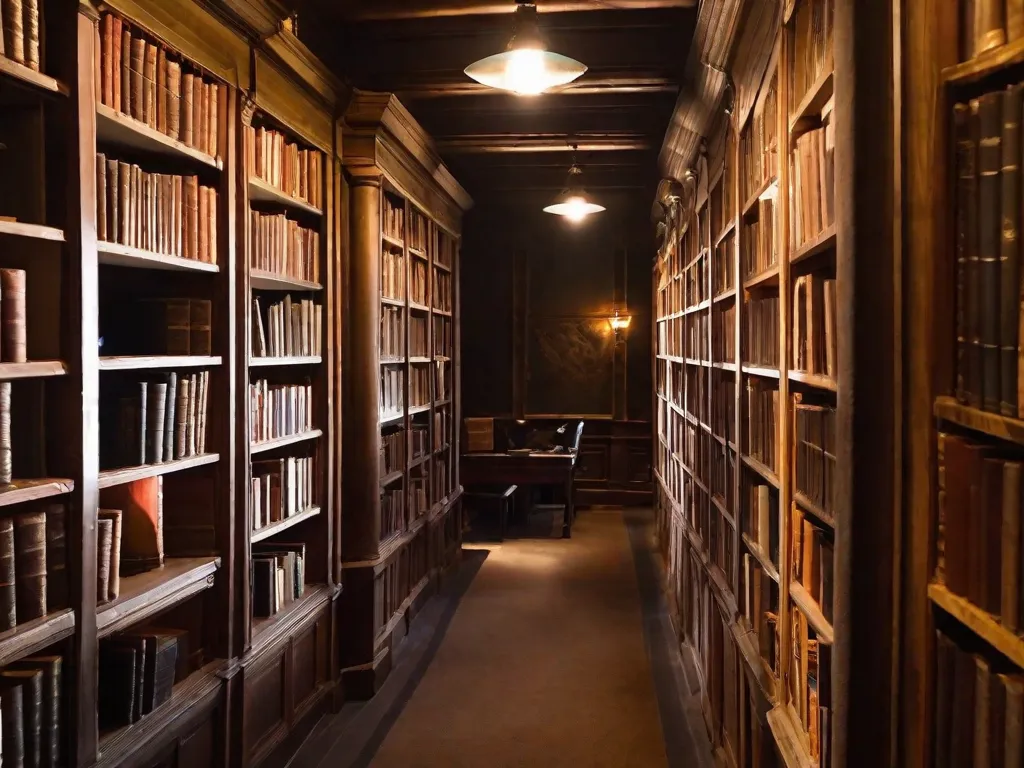 Descrição da imagem: Uma biblioteca pouco iluminada, com fileiras e mais fileiras de estantes de livros, se estendendo até onde os olhos podem ver. A atmosfera está repleta de um senso de mistério e maravilha. Partículas de poeira flutuam no ar, iluminadas pelo brilho suave de uma única lâmpada de mesa. Os livros, desgast