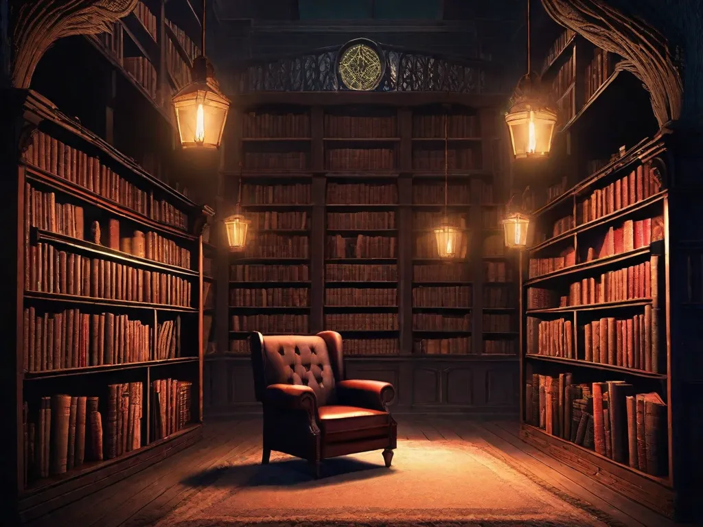 Descrição da Imagem:
Uma biblioteca fracamente iluminada com fileiras de estantes de livros se estendendo ao longe. As prateleiras estão cheias de livros antigos e empoeirados, suas lombadas adornadas com símbolos e títulos misteriosos. Uma vela tremeluzente ilumina uma poltrona desgastada no canto, onde uma cópia surr