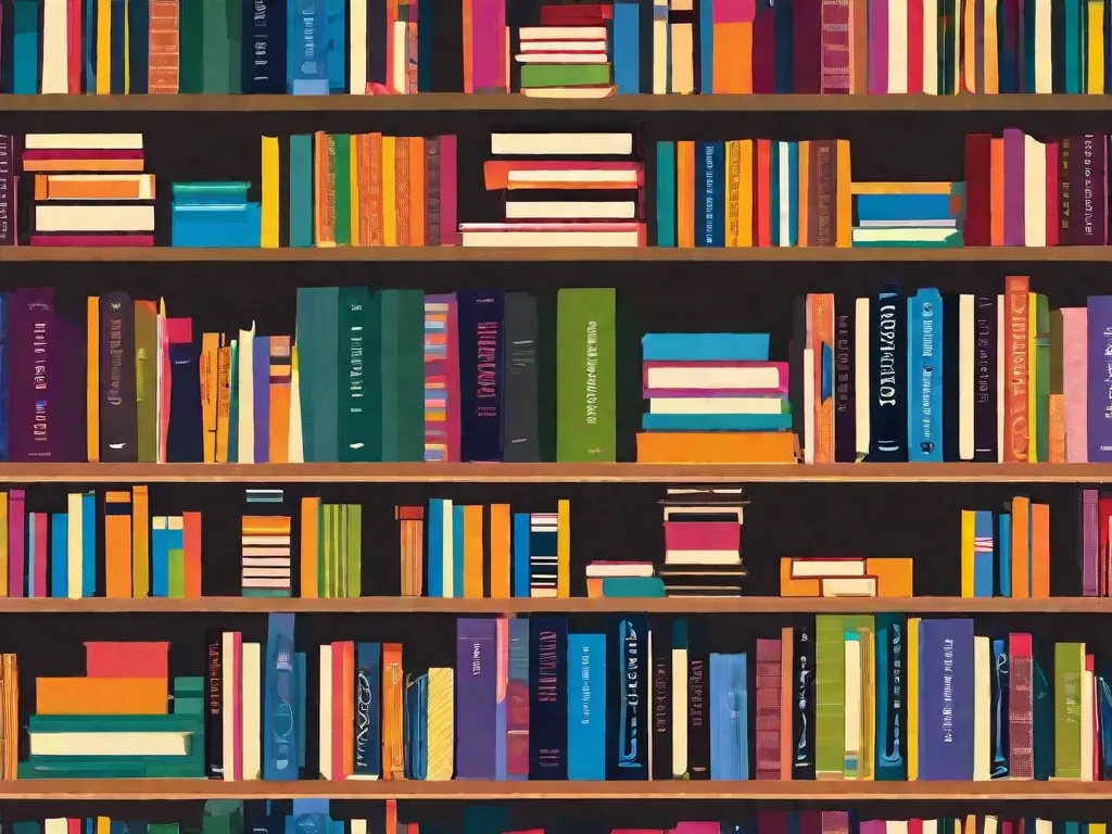 Descrição da imagem: Uma biblioteca vibrante e eclética com prateleiras cheias de livros de Oswald de Andrade. Os livros estão dispostos em um padrão de mosaico colorido, refletindo a diversidade de suas obras literárias. Cada capa de livro apresenta um design único, representando a natureza artística e vanguardista de sua escrita. A imagem captura a essência da contribuição de And