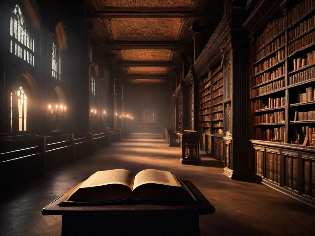 Uma imagem sombria e atmosférica de uma estante de livros antiga, adornada com volumes encadernados em couro desgastado pelo tempo. Entre eles, um livro intitulado