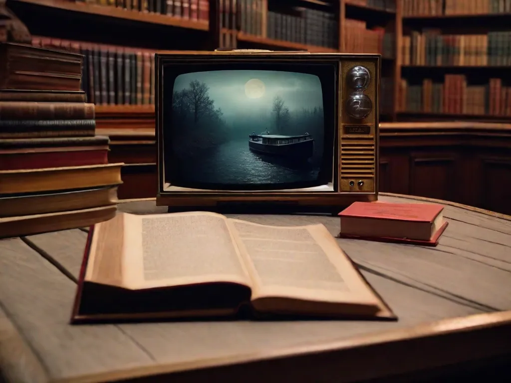 No canto levemente iluminado de uma biblioteca aconchegante, uma TV antiga pisca com um episódio de