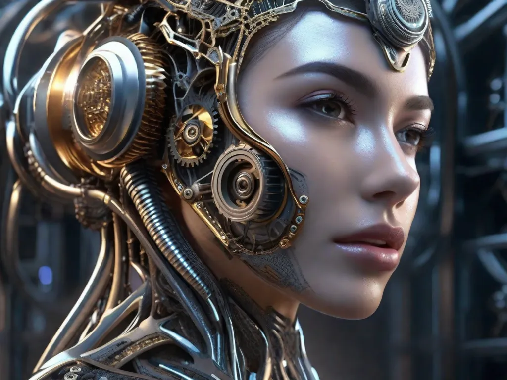 Descrição: Uma estrutura biomécanica futurista e intricada, composta por componentes metálicos elegantes e engrenagens complexas, representa o conceito de biomecânica. A imagem mostra a integração perfeita de elementos mecânicos e biológicos, simbolizando a relação harmoniosa entre tecnologia e o corpo humano.