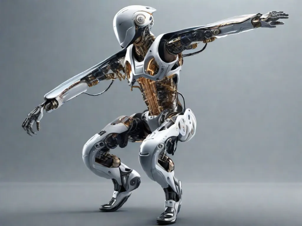 Descrição: Uma imagem que mostra a biomecânica poderia retratar uma pessoa usando um traje exoesquelético de alta tecnologia, com componentes mecânicos intrincados visíveis. A pessoa é mostrada realizando um movimento físico complexo, destacando a fusão da fisiologia humana e da tecnologia avançada no campo da biomecânica.