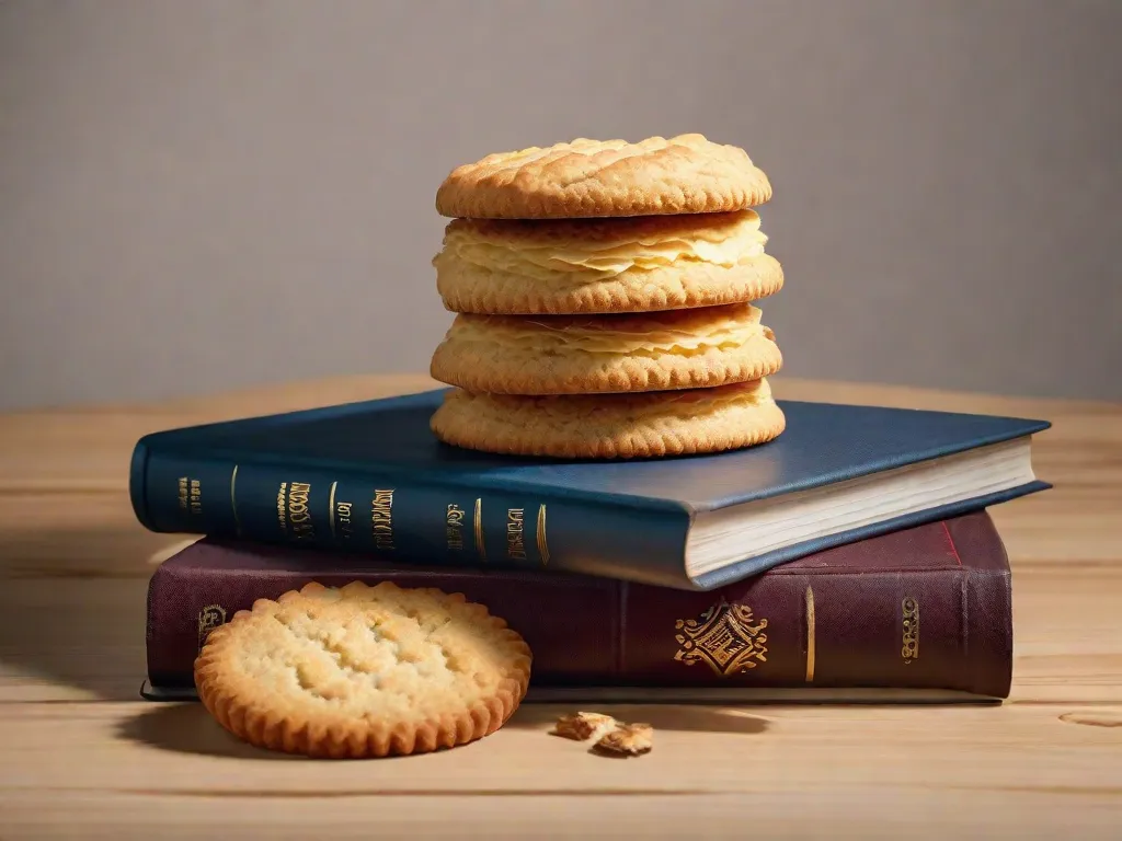 Uma imagem de dar água na boca de um biscoito recém-assado, perfeitamente dourado e esfarelento, repousando em uma pilha de livros. O biscoito exala um aroma tentador, convidando os leitores a se deliciarem com uma agradável experiência literária enquanto saboreiam o reconfortante sabor dessa delícia caseira.