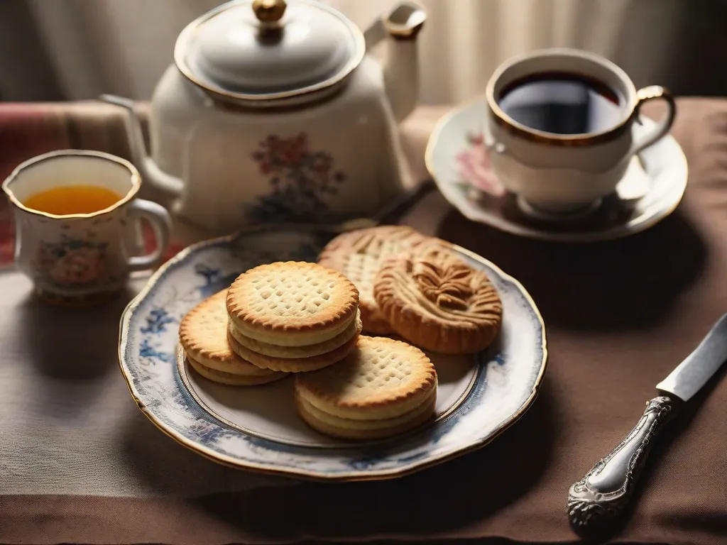 Uma pilha de livros repousa sobre uma mesa rústica de madeira, acompanhada por uma xícara de chá fumegante. Um delicioso biscoito, perfeitamente esfarelento e dourado, descansa em um pires ao lado dos livros, convidando os leitores a se deliciarem em uma agradável pausa literária.