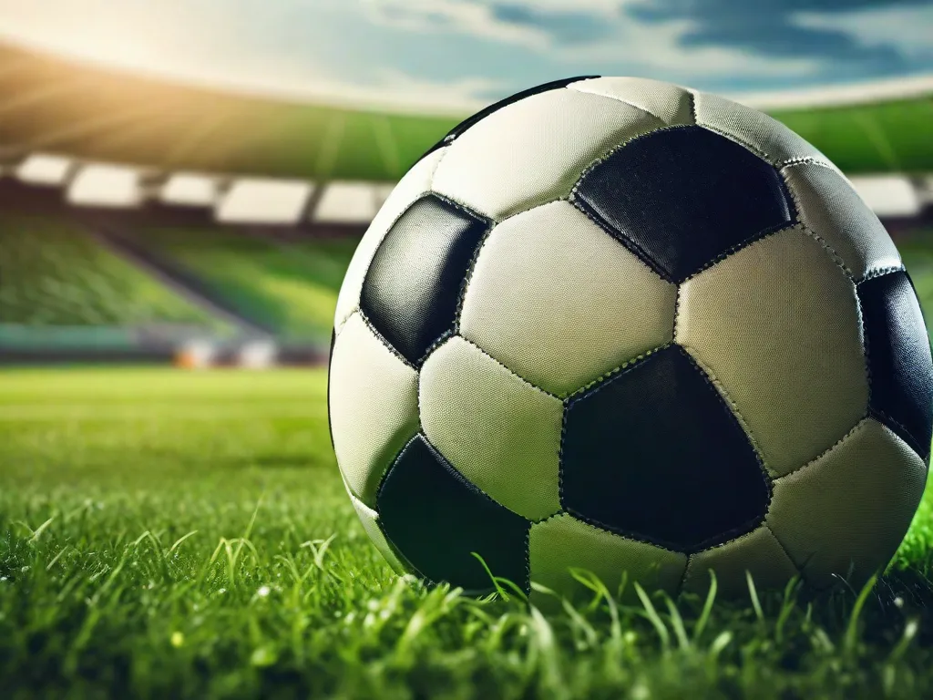 Uma imagem dinâmica de uma bola de futebol bem usada em um campo verdejante com um estádio desfocado ao fundo, capturando a essência da paixão e do entusiasmo que cercam o belo jogo do futebol.