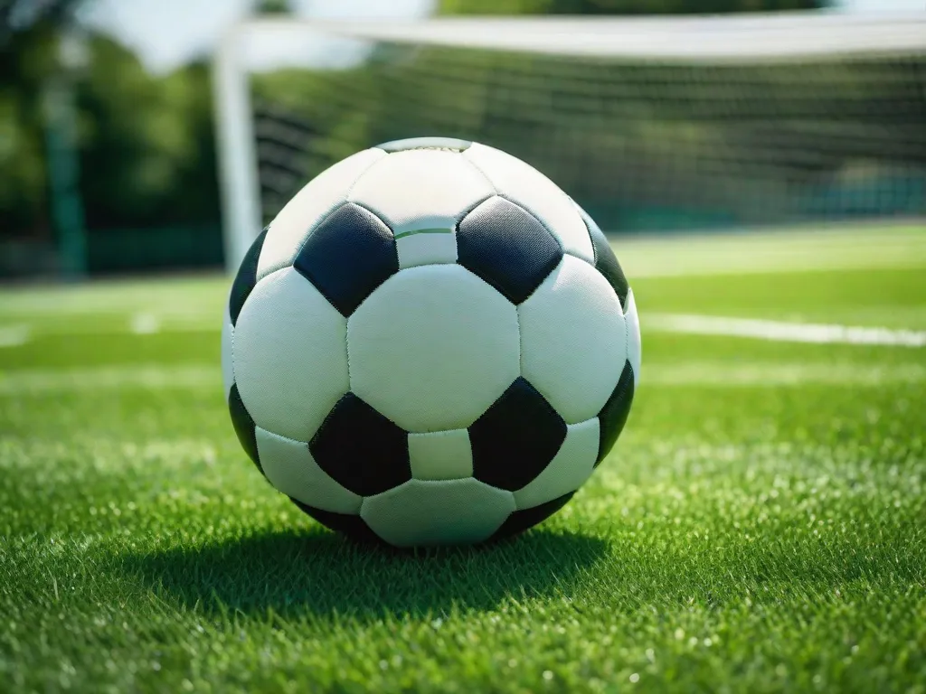 Uma imagem dinâmica de uma bola de futebol em pleno voo contra o pano de fundo de um estádio lotado. A bola, adornada com um padrão clássico preto e branco, é capturada exatamente quando passa pela trave do gol, com a rede ondulando e a multidão explodindo em uma mistura de antecipação e empolgação.