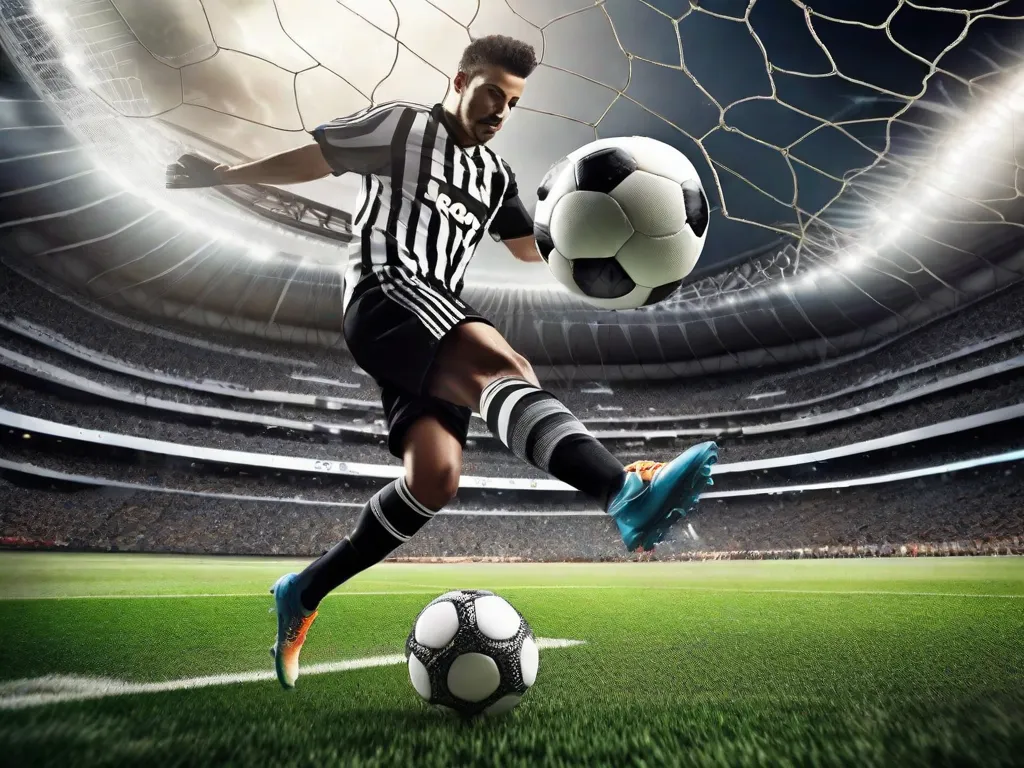 Uma imagem dinâmica de uma bola de futebol em pleno voo contra o pano de fundo de um estádio lotado. A bola, adornada com um padrão clássico preto e branco, é capturada exatamente quando passa pela trave do gol, com a rede ondulando e a multidão explodindo em uma mistura de antecipação e empolgação.