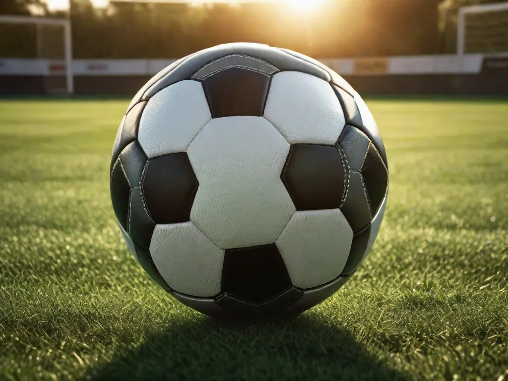 Uma imagem dinâmica de uma bola de futebol bem usada em um campo verdejante, com o sol se pondo ao fundo e projetando longas sombras. Padrões pentagonais brancos e pretos são visíveis na bola, que está no centro do quadro, pronta para o início de uma partida.
