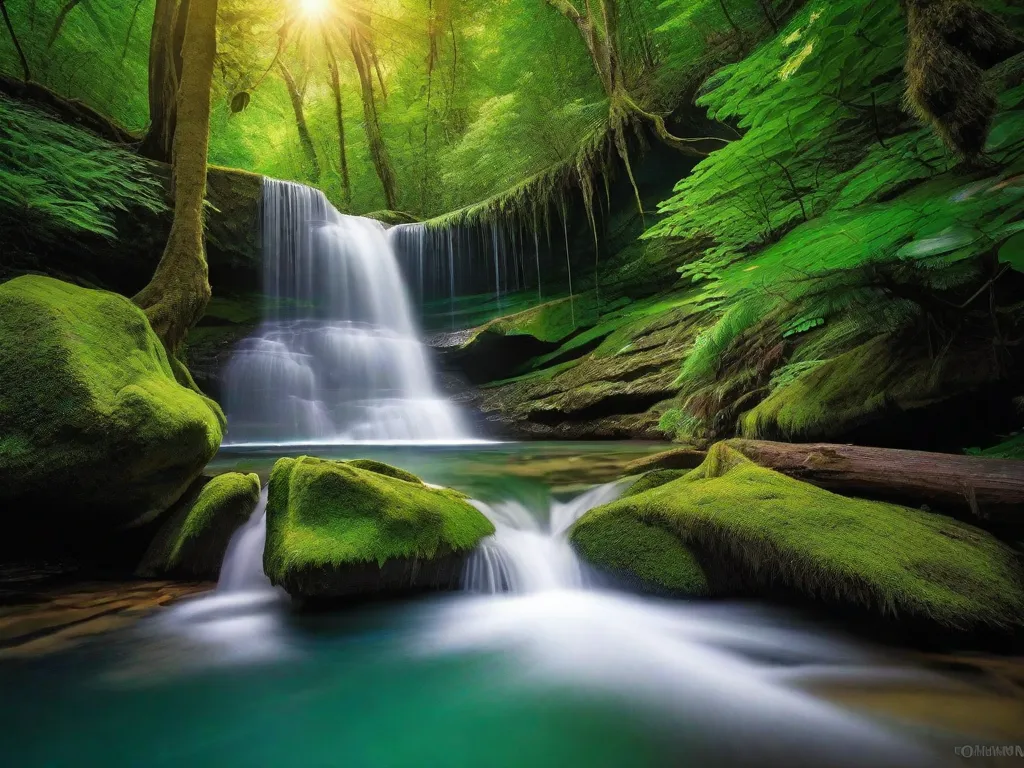 Tema: Serenidade da Natureza
Descrição: Uma imagem de tirar o fôlego de uma cachoeira isolada, escondida no interior de uma floresta exuberante. A água cristalina cai em cascata sobre as rochas cobertas de musgo, criando um espetáculo hipnotizante da tranquilidade da natureza. A luz do sol atravessa a densa folhagem, lançando um