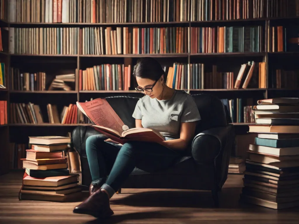 Descrição da imagem: Uma pessoa está sentada em uma poltrona aconchegante, cercada por uma pilha de livros sobre diversos temas relacionados à terapia ocupacional. Ela está absorta na leitura de um dos livros, com uma expressão concentrada no rosto. Os livros representam o vasto conhecimento e recursos disponíveis para apoiar e aprimorar as práticas de terapia ocupacional.