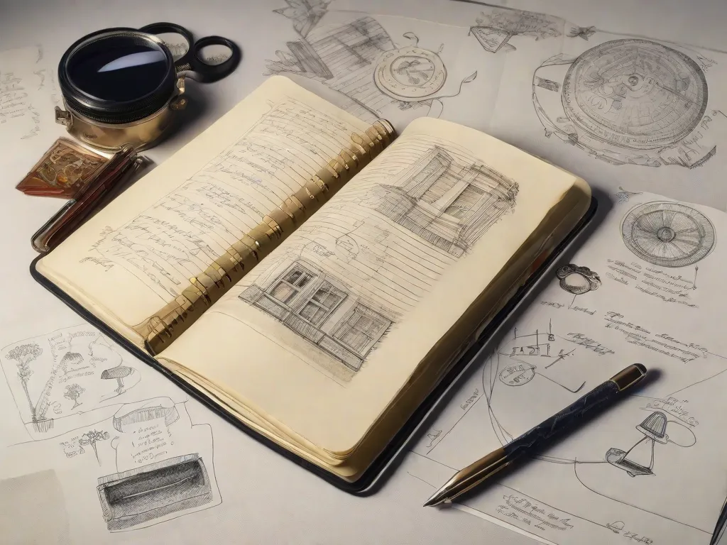 Descrição: Uma imagem mostrando um caderno muito usado, cheio de esboços intricados e anotações escritas à mão. Ao redor do caderno, há vários objetos simbolizando diferentes estágios do desenvolvimento cognitivo, como blocos de construção, quebra-cabeças e uma lupa, representando o trabalho inovador de Jean Piaget na psicologia infantil e nos estágios do crescimento intelect