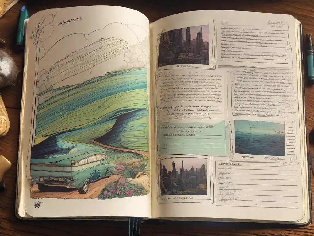 Uma imagem em close-up de um caderno desgastado, cheio de anotações e esboços feitos à mão, simbolizando o processo criativo por trás de Saga, de Brian K. Vaughan. As páginas estão repletas de personagens vibrantes, construção de mundo intricada e tramas cativantes, refletindo a narrativa rica e imaginativa que tornou a série tão amada.