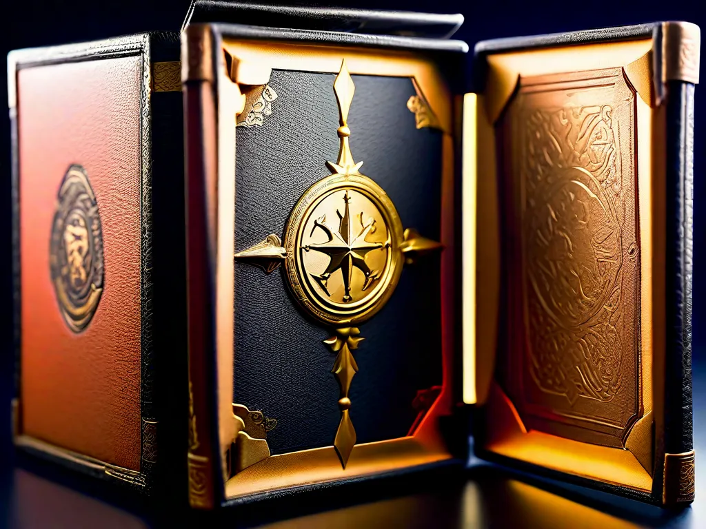 Uma imagem de close-up de uma caixa desgastada, encadernada em couro, com gravuras intricadas. A caixa ostenta o emblema de um tridente e está repleta de artefatos antigos, mapas e pergaminhos. Um brilho fraco emana de seu interior, sugerindo os segredos mágicos e aventuras que existem no mundo de Percy Jackson.