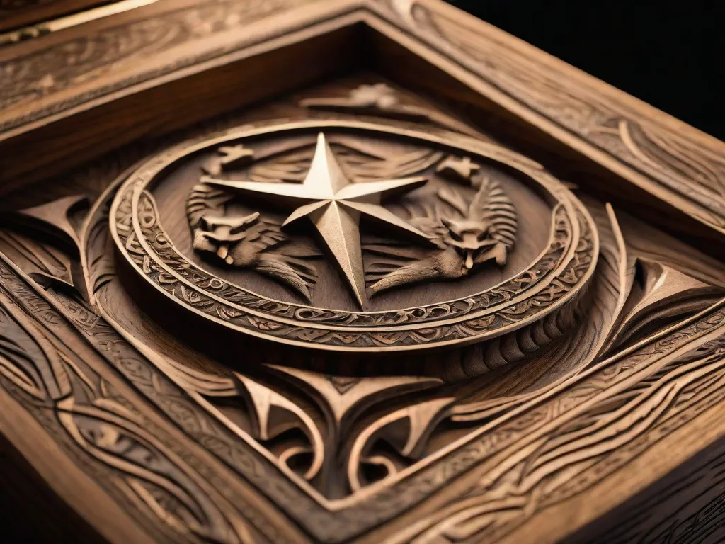 Uma imagem em close-up de uma caixa de madeira desgastada, adornada com entalhes e símbolos intricados. A caixa lembra a mitologia grega antiga, com representações de raios, ondas e um tridente proeminente. Sua aura misteriosa sugere que ela guarda os segredos das extraordinárias aventuras de Percy Jackson.