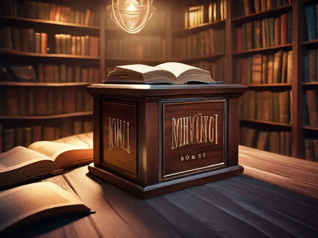 Uma imagem mágica de uma caixa de madeira antiga cheia de livros encantadores, acomodada no canto de uma biblioteca aconchegante. Os livros parecem ganhar vida, suas páginas tremulando de empolgação, como se estivessem prontos para transportar os leitores para um mundo encantador como o de