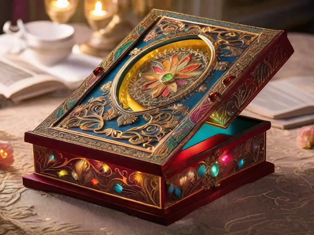 Num canto aconchegante de um sótão empoeirado, uma caixa de madeira desgastada repousa sobre uma pilha de livros. A caixa é adornada com entalhes intricados de um castelo mágico, lembrando o mundo encantador encontrado em