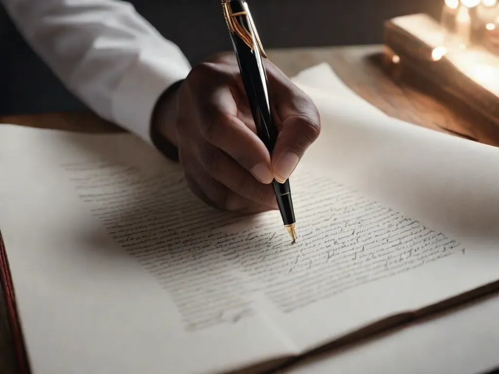 Uma imagem elegante que exibe a arte da caligrafia cursiva. Uma mão graciosa segurando uma caneta desliza sem esforço por uma folha de papel, criando letras lindamente curvas e fluidas. A tinta brilha na página, capturando a essência dessa forma de arte atemporal.