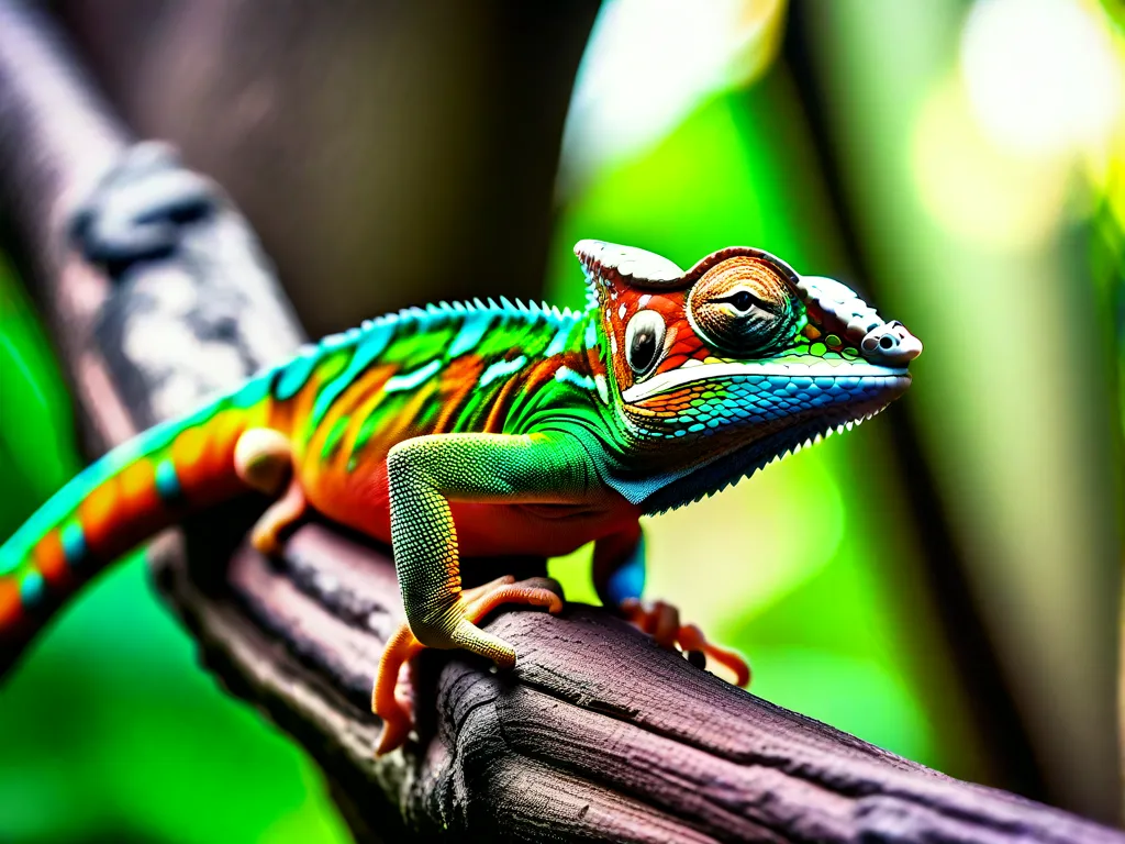 Descrição da imagem: Uma fotografia em close de um camaleão vibrante, empoleirado em um galho de árvore. Sua pele texturizada exibe uma variedade de cores vivas, mesclando-se perfeitamente com a folhagem ao redor. Os olhos do camaleão estão focados e alertas, refletindo sua habilidade de se adaptar e sobreviver em um ambiente em constante mudança
