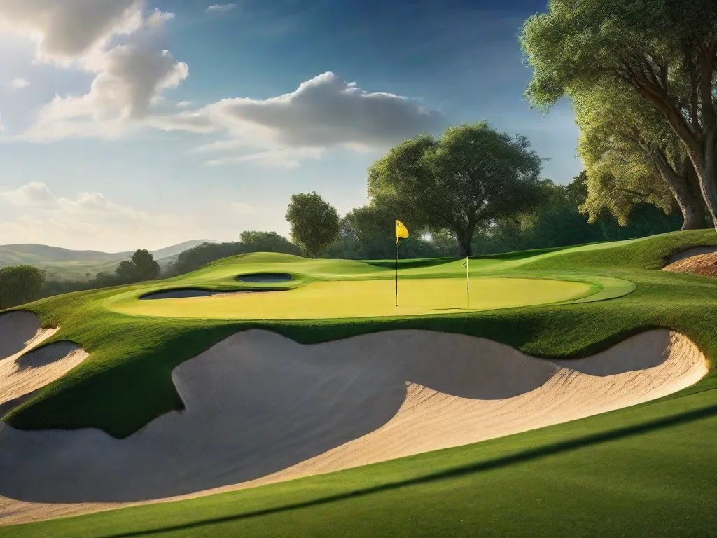 Um pitoresco campo de golfe aninhado em meio a colinas verdes ondulantes, com um golfista teeing off contra um pano de fundo de céus azuis vibrantes. As fairways perfeitamente cuidadas e a vegetação exuberante criam uma atmosfera serena e convidativa para os jogadores desfrutarem de seu jogo ao ar livre.
