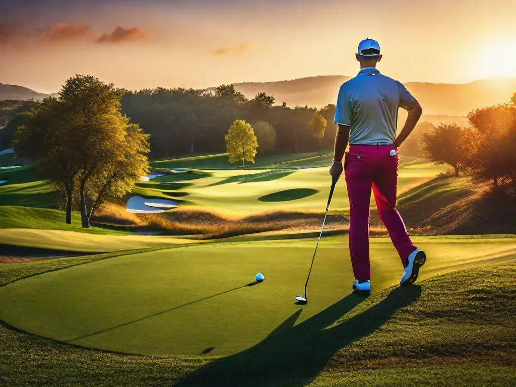 Uma imagem deslumbrante captura a essência do golfe: um campo verde perfeitamente cuidado estendendo-se ao longe, cercado por árvores exuberantes e flores vibrantes. Um golfista em pleno movimento de swing adiciona um elemento dinâmico, com o sol lançando um brilho dourado na cena, criando um momento sereno e pitoresco no campo.