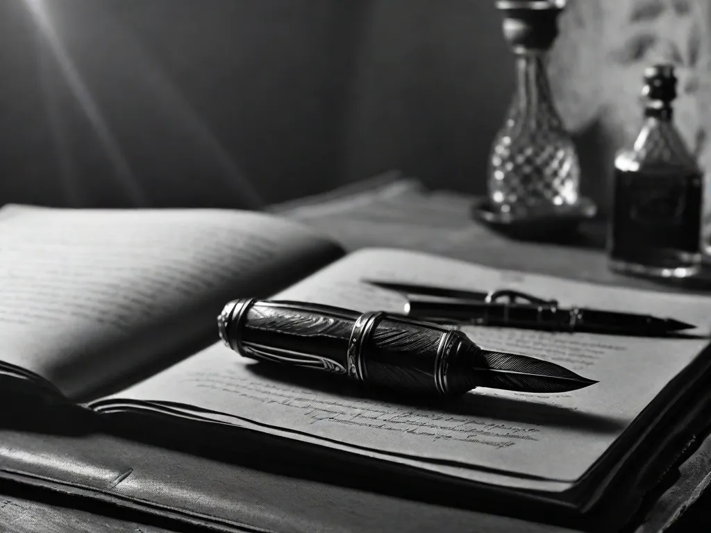 Uma imagem em preto e branco de uma pena de escrever descansando sobre um caderno envelhecido, evocando a essência de Mary Shelley. O quarto levemente iluminado cria uma atmosfera de mistério e criatividade, capturando o espírito da autora que deu vida ao icônico monstro de Frankenstein.