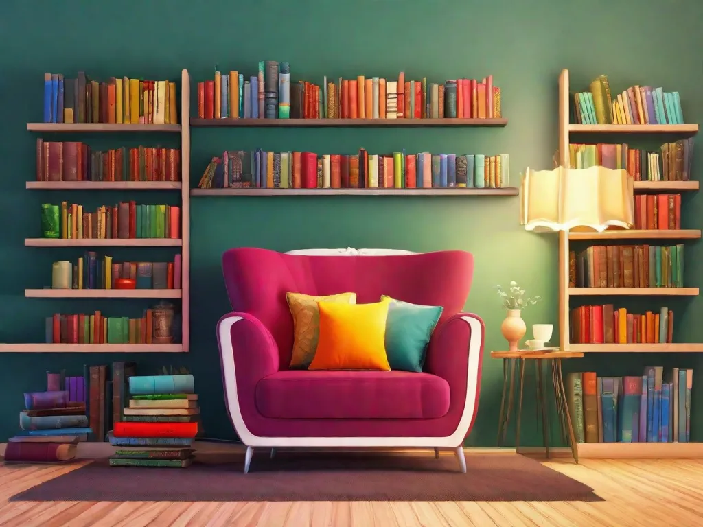 Descrição da imagem: Uma cena vibrante e convidativa de uma biblioteca com prateleiras cheias de livros coloridos. A luz do sol atravessa as grandes janelas, iluminando os cantinhos aconchegantes de leitura, com poltronas macias e cobertores quentes. Os livros parecem irradiar positividade e felicidade, refletindo a escrita inspiradora e motivadora de Shawn A