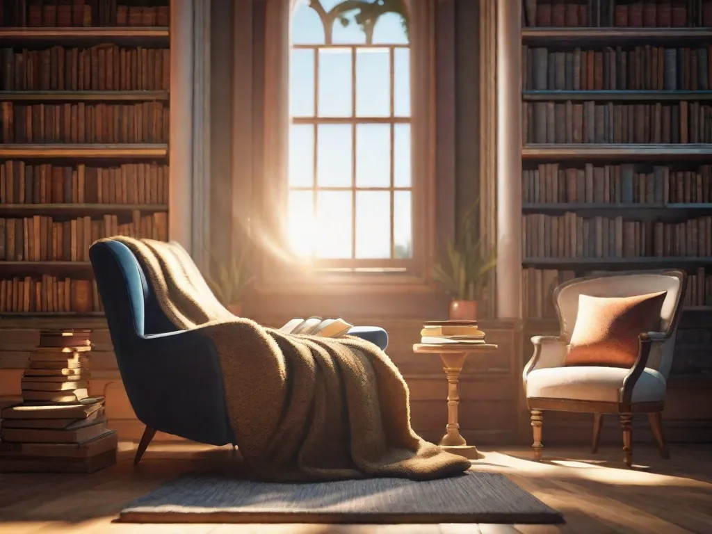 Descrição: Uma imagem de um cantinho aconchegante para leitura, adornado com uma poltrona macia, uma manta quente e uma pilha de livros de literatura clássica. A luz do sol passa suavemente pela janela, lançando um brilho sereno nas páginas, convidando os leitores a se imergirem no cativante mundo da literatura.