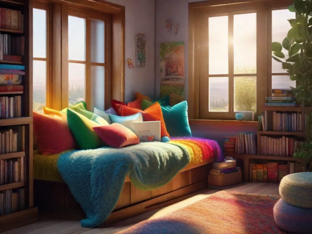 Um cantinho aconchegante para leitura com uma pilha de livros de histórias coloridos, cercado por almofadas fofas e uma manta macia. A luz do sol entra pela janela, iluminando os mundos mágicos dentro das páginas, convidando leitores de todas as idades a embarcar em aventuras encantadoras.