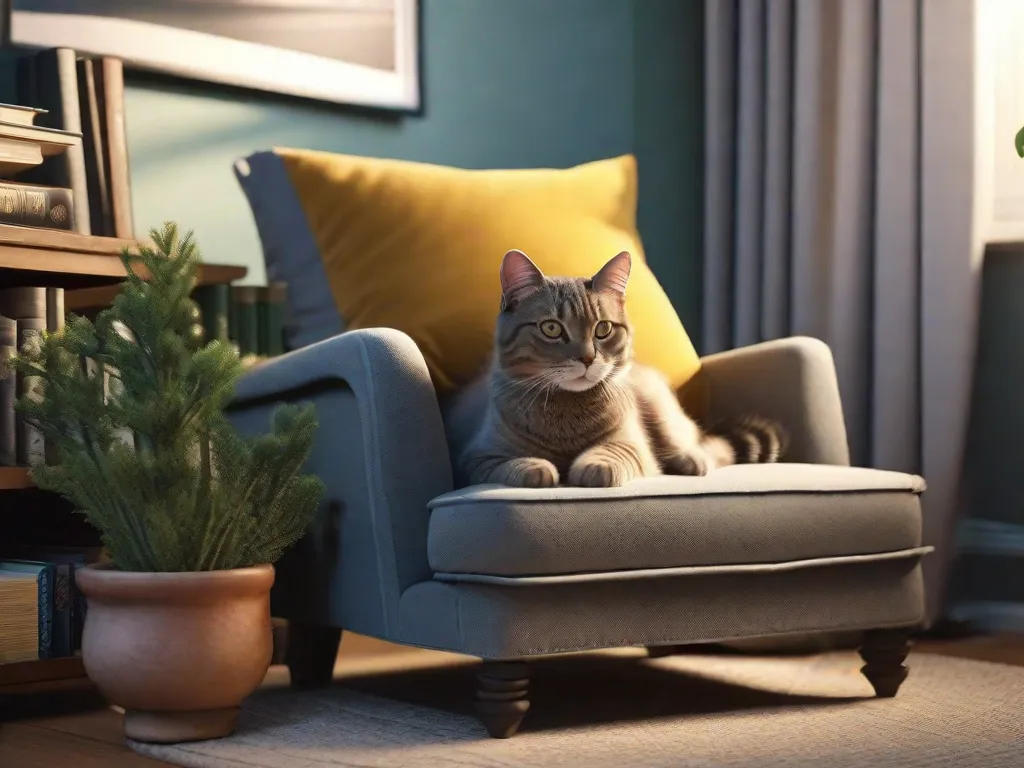 Descrição da imagem: Um cantinho aconchegante para leitura com uma estante cheia de vários livros, tanto cópias físicas quanto e-books. Um gato curioso está enrolado em uma poltrona confortável, observando pacificamente o leitor que está absorto em um e-book em um tablet. A iluminação quente cria uma atmosfera serena, perfeita para mergulhar no mundo da