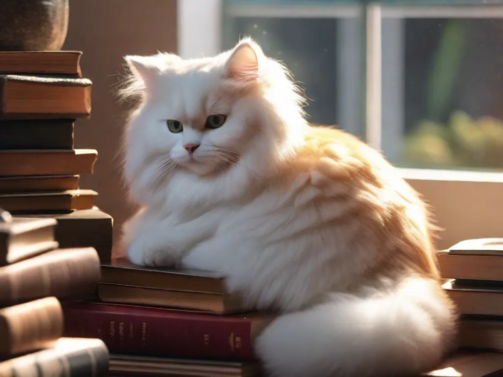 Descrição da imagem: Um cantinho aconchegante para leitura com um gato branco fofo enrolado em uma pilha de livros. A luz do sol entra pela janela, iluminando o cômodo e lançando um brilho quente sobre o gato enquanto ele pacificamente cochila no meio do cativante mundo dos ebooks e livros impressos.
