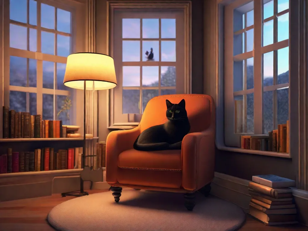 Na imagem, um cantinho aconchegante para leitura é decorado com uma pilha de livros e um gato satisfeito enrolado ao lado. Os livros vão desde romances clássicos até best-sellers modernos, representando o diverso mundo da literatura. Um tablet exibindo um símbolo de e-book simboliza a fusão dos formatos tradicionais e digitais de leitura.