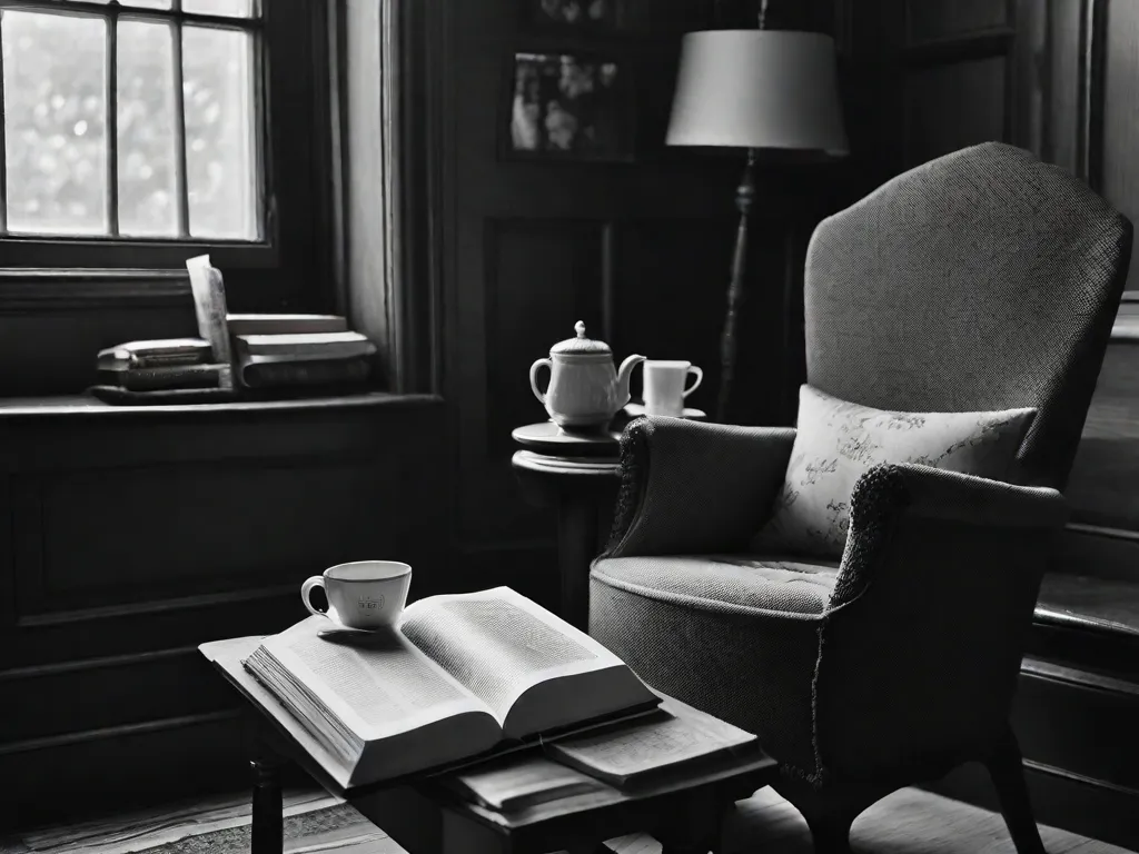 Descrição da imagem: Uma fotografia em preto e branco de um cantinho aconchegante para leitura, com uma poltrona desgastada e uma pequena mesa de madeira. Na mesa, há um livro aberto de Virginia Woolf, com páginas delicadas e tipografia intricada. Uma xícara de chá fumegante repousa ao lado, convidando o leitor para o mundo das palavras de Wool