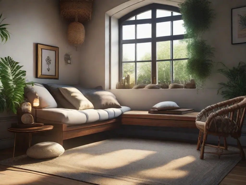 Uma imagem serena de um cantinho aconchegante para leitura, com uma poltrona confortável banhada por uma suave luz natural. Uma pilha de livros sobre mindfulness e meditação repousa em uma mesa lateral, acompanhada por uma xícara de chá de ervas. A cena convida você a mergulhar no mundo pacífico da autorreflexão e da calma interior.