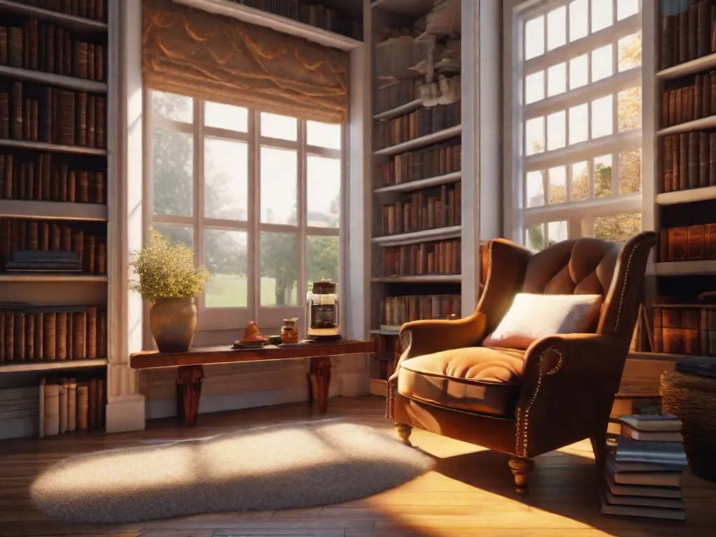 Descrição da imagem:
Um cantinho aconchegante para leitura com uma poltrona desgastada, aninhada ao lado de uma grande estante de livros. A luz do sol atravessa a janela, iluminando o ambiente e lançando um brilho quente nas fileiras de livros. Uma xícara de chá fumegante está sobre uma mesa lateral, convidando os leitores a se envolverem