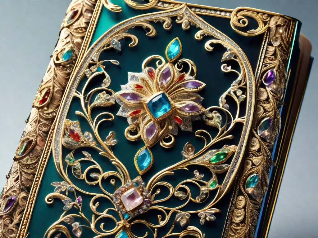 Uma imagem em close-up de uma capa de livro lindamente adornada, apresentando padrões intrincados de filigrana metálica que se assemelham a joias delicadas. A capa brilha com uma variedade de cores semelhantes a pedras preciosas, cativando a atenção do leitor e prometendo um tesouro literário em seu interior.
