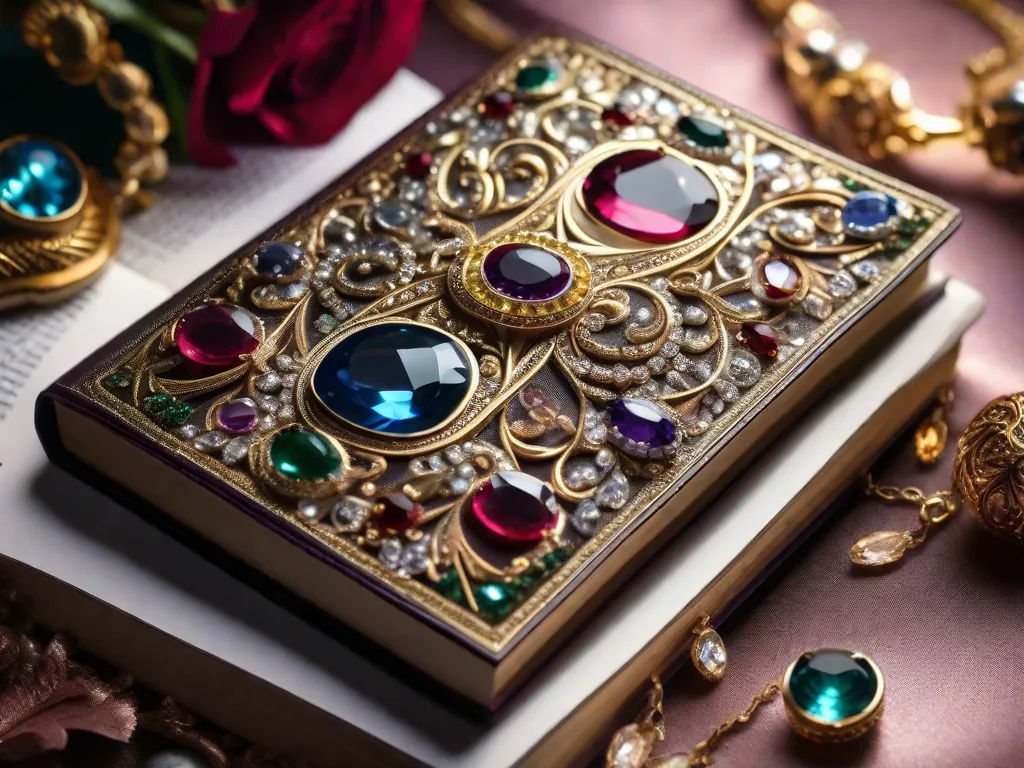 Uma imagem em close-up de uma capa de livro lindamente adornada, apresentando padrões intrincados de filigrana metálica que se assemelham a joias delicadas. A capa brilha com uma variedade de cores semelhantes a pedras preciosas, cativando a atenção do leitor e prometendo um tesouro literário em seu interior.