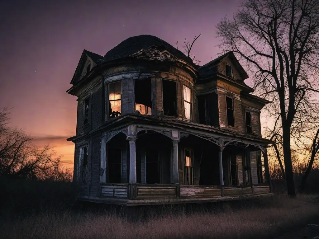 Uma imagem assustadora de uma casa abandonada e deteriorada, erguendo-se sinistramente contra um céu iluminado pela lua. Suas janelas quebradas e paredes em ruínas emanam uma sensação arrepiante, enquanto sombras lançadas por árvores retorcidas aumentam o sentimento de terror. O lado sombrio deste lugar desolado é palpável, prometendo uma experiência ar