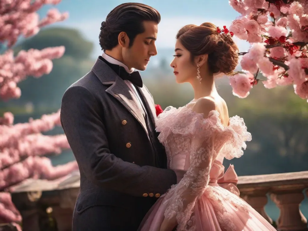 Na imagem, um casal vestido com trajes elegantes do século XIX está em um jardim exuberante. O homem, usando um chapéu-coco e casaca, olha amorosamente para a mulher em seu vestido esvoaçante, enquanto eles seguram as mãos e compartilham um abraço suave sob o suave brilho de um pôr do sol.