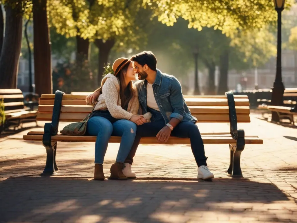 Um casal sentado em um banco de parque, suas mãos entrelaçadas, olhando nos olhos um do outro com sorrisos no rosto. A luz do sol passa entre as árvores, criando uma atmosfera quente e romântica.