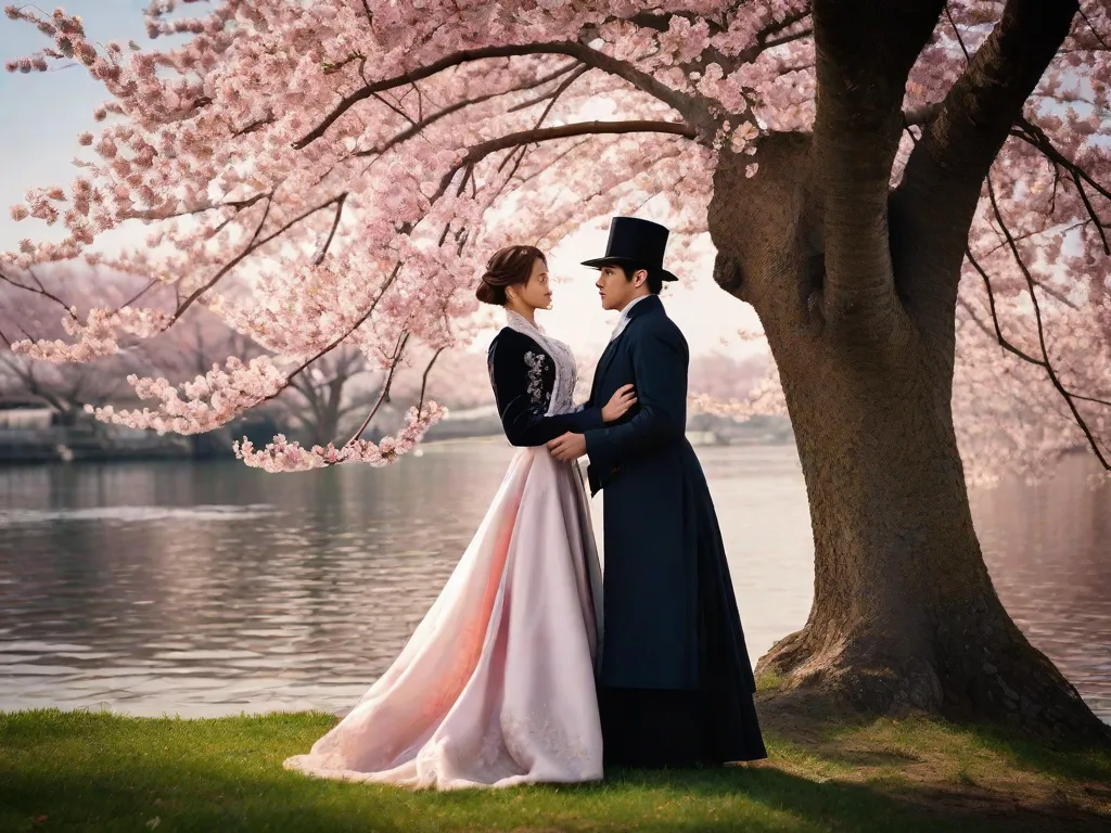 Na imagem, um casal vestido com roupas elegantes do século XIX está embaixo de uma árvore de cerejeira em flor. O homem, usando um terno sob medida, segura gentilmente a mão da mulher em um vestido esvoaçante com detalhes em renda. Seus olhares se encontram, cheios de desejo e antecipação, capturando a essência do amor at